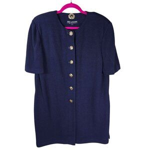 St.‎ John Santana Knit Long Cardigan Jacket L Navy Gold Crested Buttons Designer